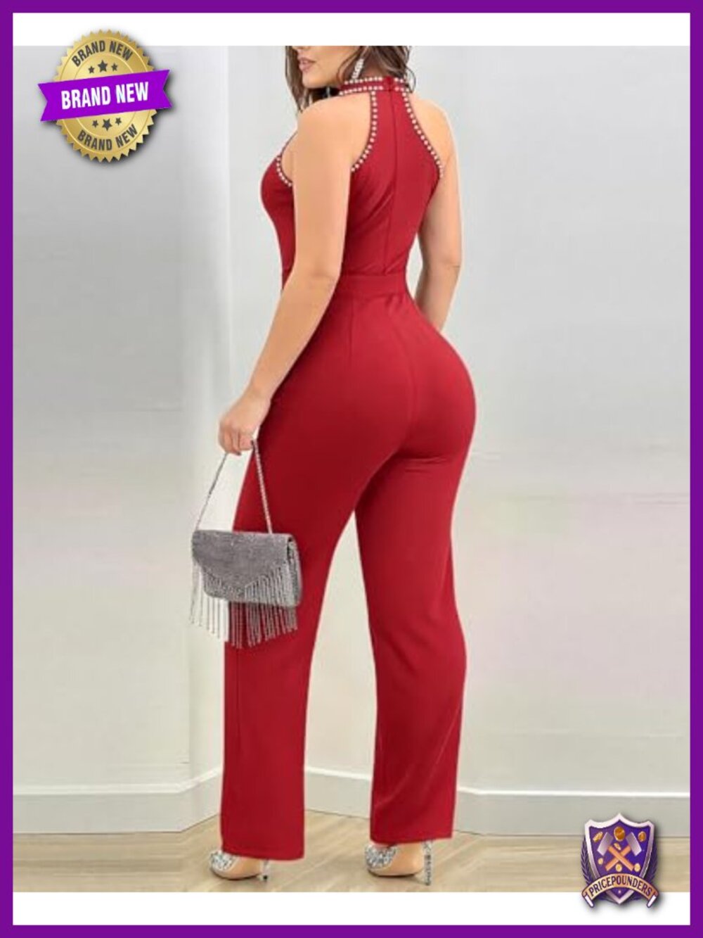 Halter Jumpsuit Elegant Rhinestone Sleeveless Wide Leg Romper with Belt Dressy - Picture 3 of 6
